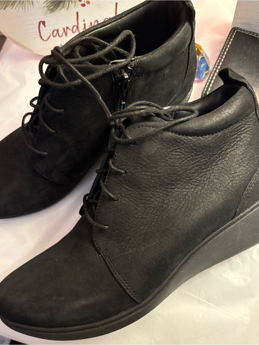 Clarks Black Lace-Up Wedge Ankle Booties